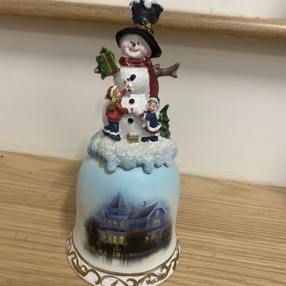 Vintage Christmas Snowman and Kids Bell with Victorian Painted Scene